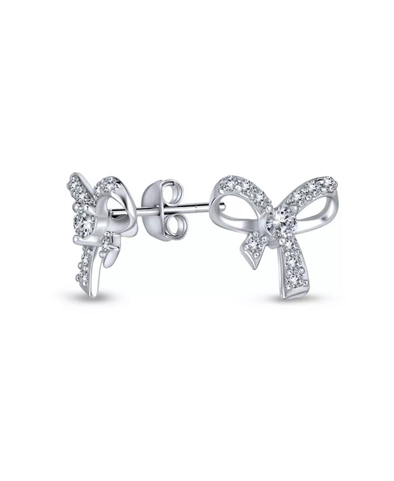 Delicate Dainty Ribbon Birthday Present Pave CZ Small Bow Stud Earrings for Women Sterling Silver