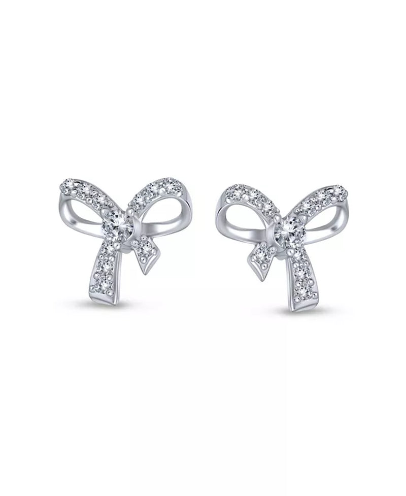 Delicate Dainty Ribbon Birthday Present Pave CZ Small Bow Stud Earrings for Women Sterling Silver