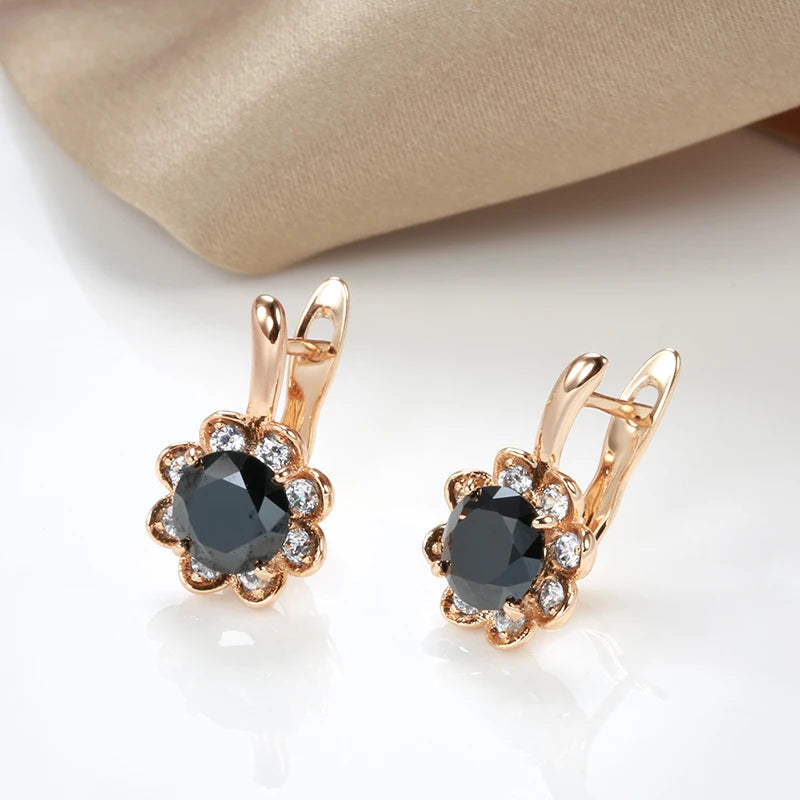 New 585 Rose Gold Pendant Earrings Center Inlay Black Zircon Surround Diamond Flower Pierced Earrings Women Fashion Accessories