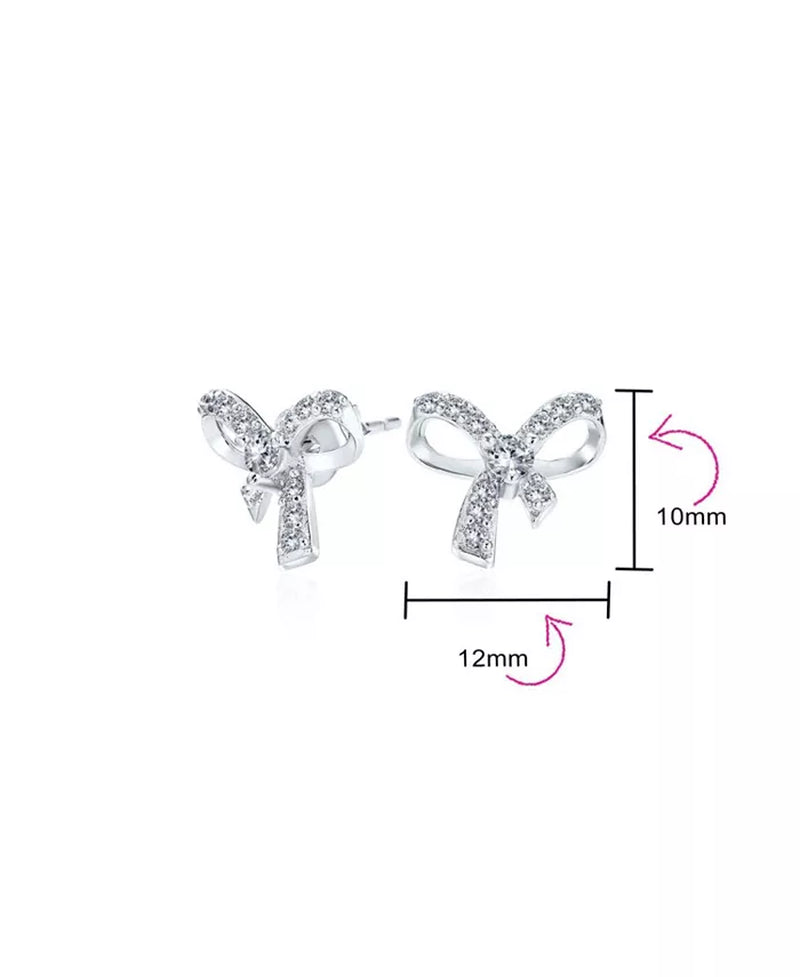 Delicate Dainty Ribbon Birthday Present Pave CZ Small Bow Stud Earrings for Women Sterling Silver